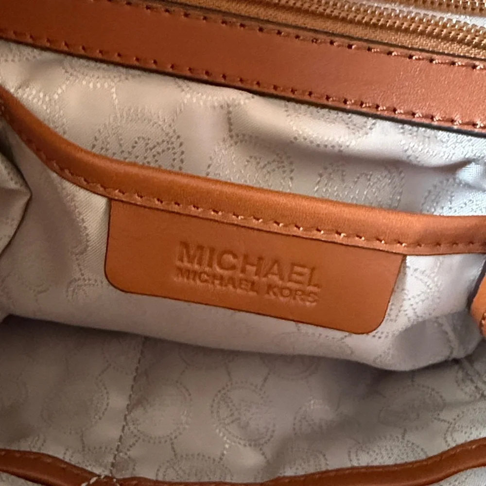 Michael Kors Cream Vanilla Monogram MK Shoulder Bag with Gold Accents - Picture 12 of 14
